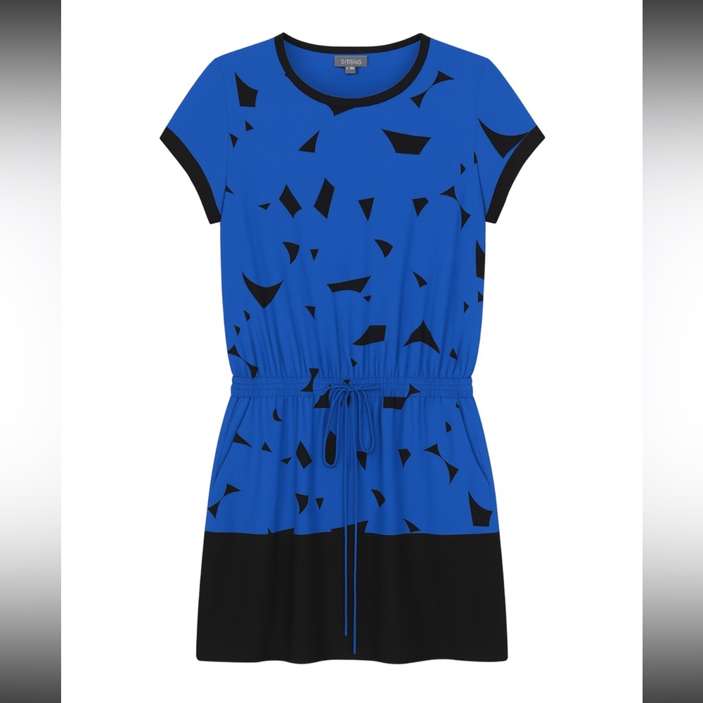 Vince Blue Black Geometric Print Drop Waist Silk Dress Size S Retails $395